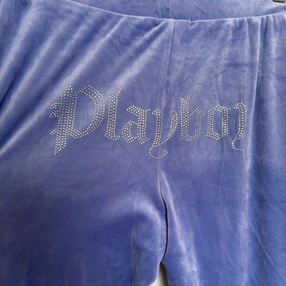 Playboy old English y2k Blue Velour Pants with Logo and rhinestone XL periwinkle - Picture 5 of 8